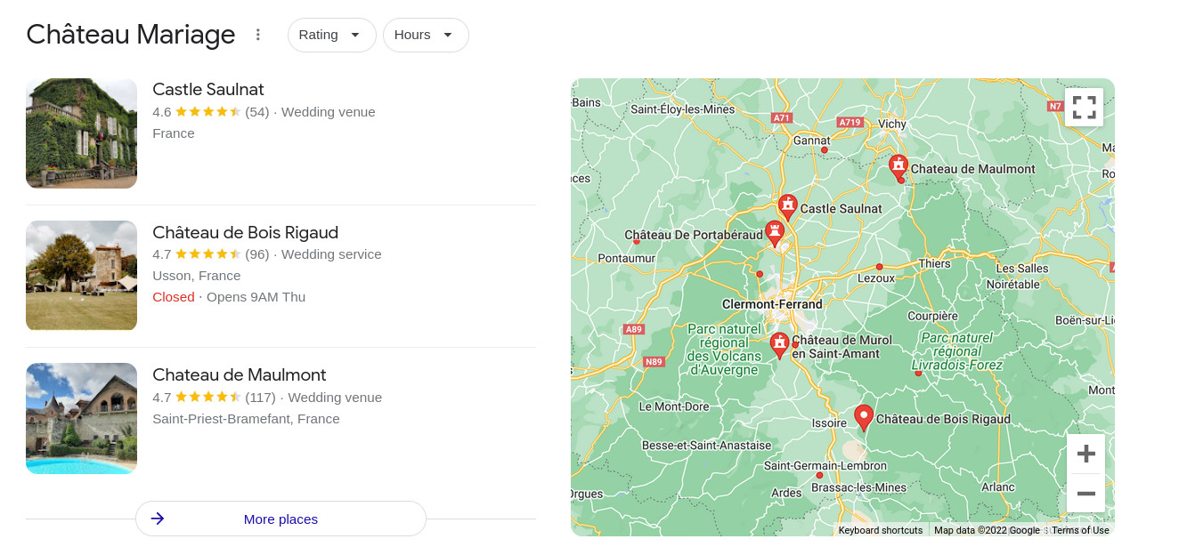 Carte des principaux châteaux et domaines pour un mariage en Auvergne