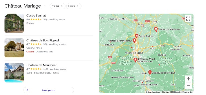 Carte des principaux châteaux et domaines pour un mariage en Auvergne