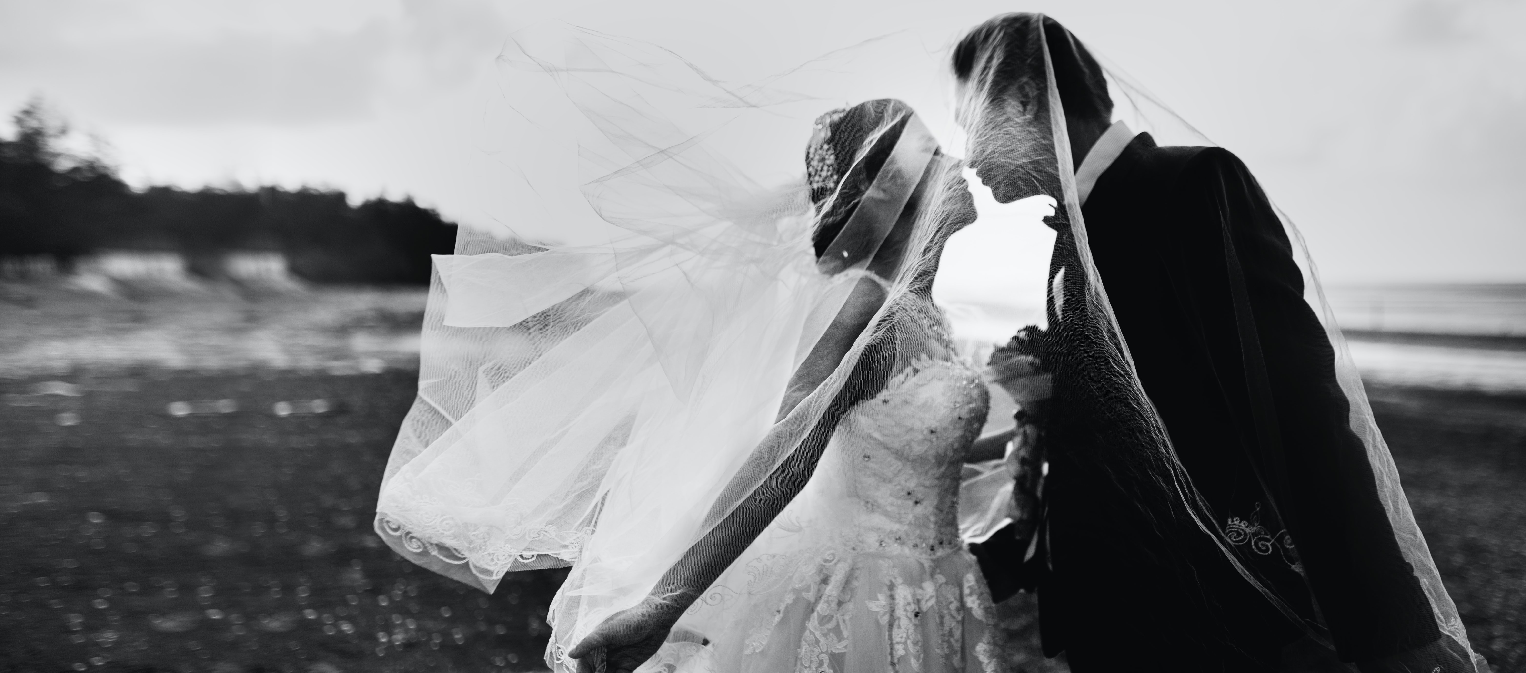 Picture of a couple kissing on their wedding day in France.