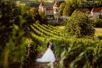 Couple photographié lors d'un mariage avec en arrière plan un château de mariage en France.