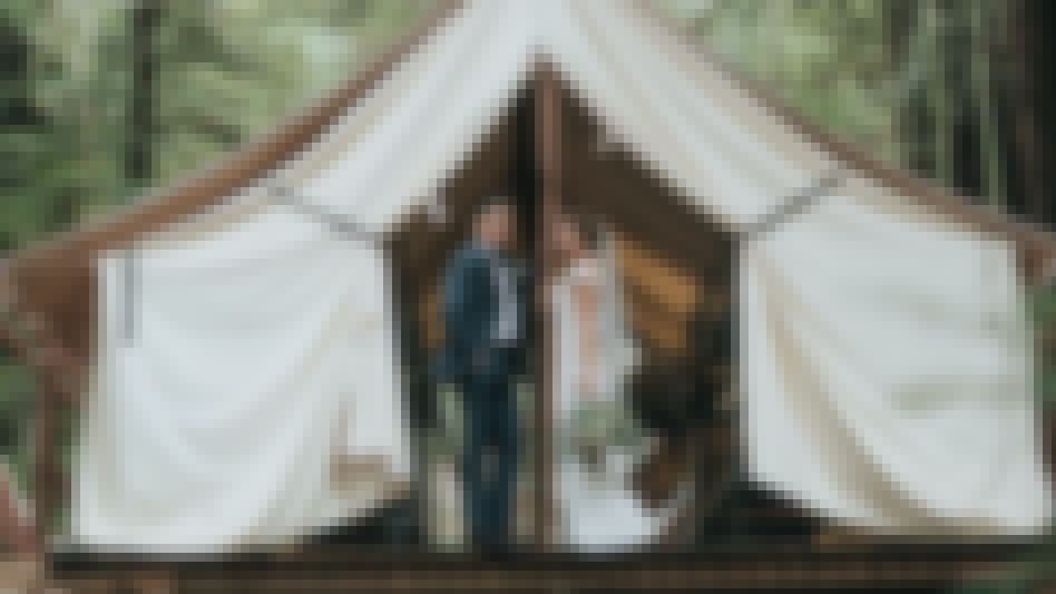 Photo d'un couple prise le jour de leur mariage organisé sur le thème de l'écologie, avec en arrière plan une cabane en bois écologique