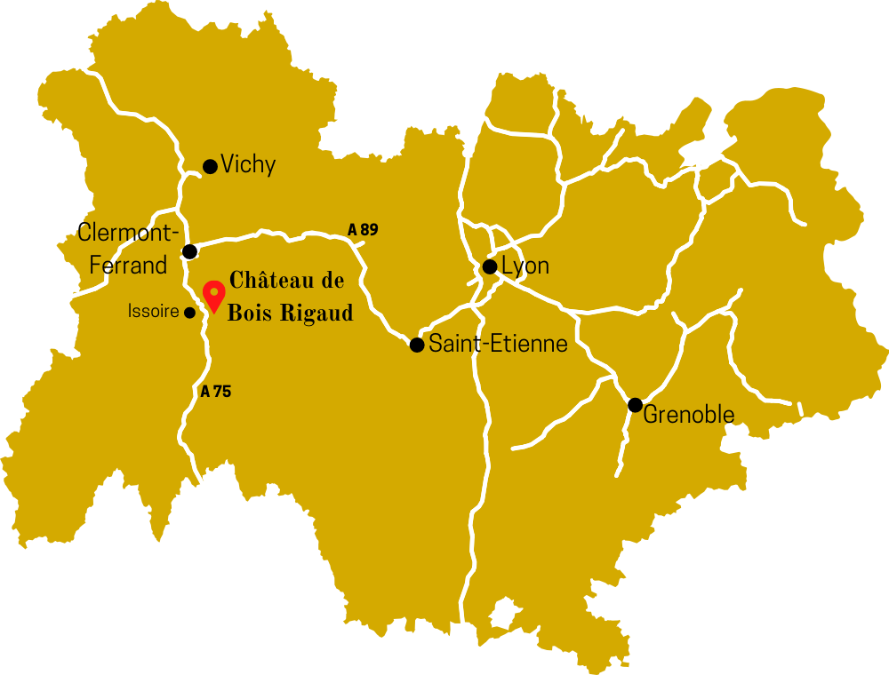 Carte de la région Auvergne-Rhône-Alpes avec indication de la proximité du Château de Bois Rigaud
