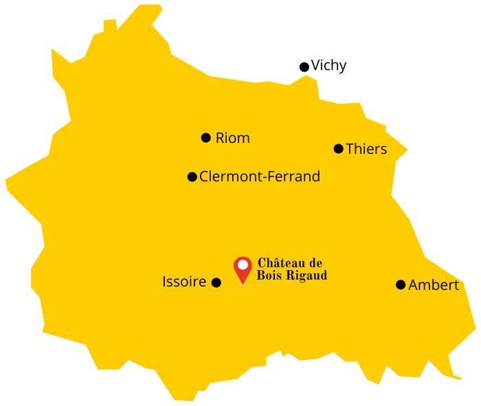 Carte du Puy-de-Dôme avec indication de la proximité avec le Château de Bois Rigaud