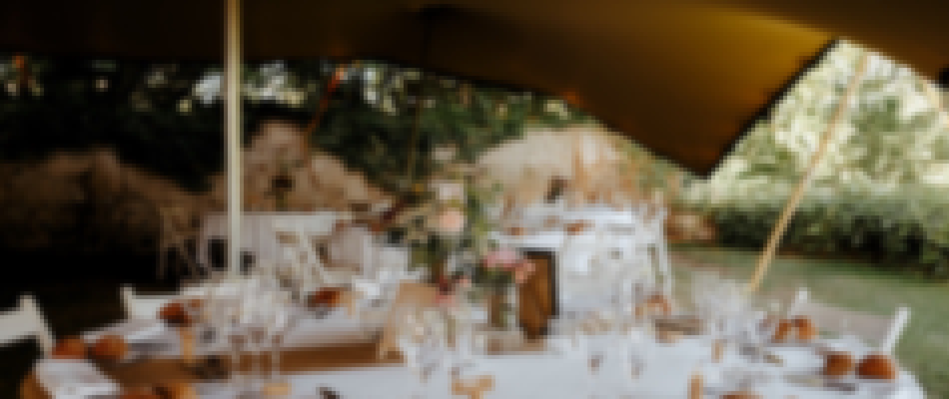 Photo d'un repas de mariage organisé en extérieur sous une tente nomade au château de Bois Rigaud dans le Puy-de-Dôme