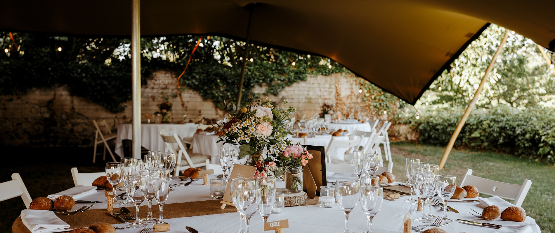 Decorated tables on a wedding day at Château de Bois Rigaud in the south of France